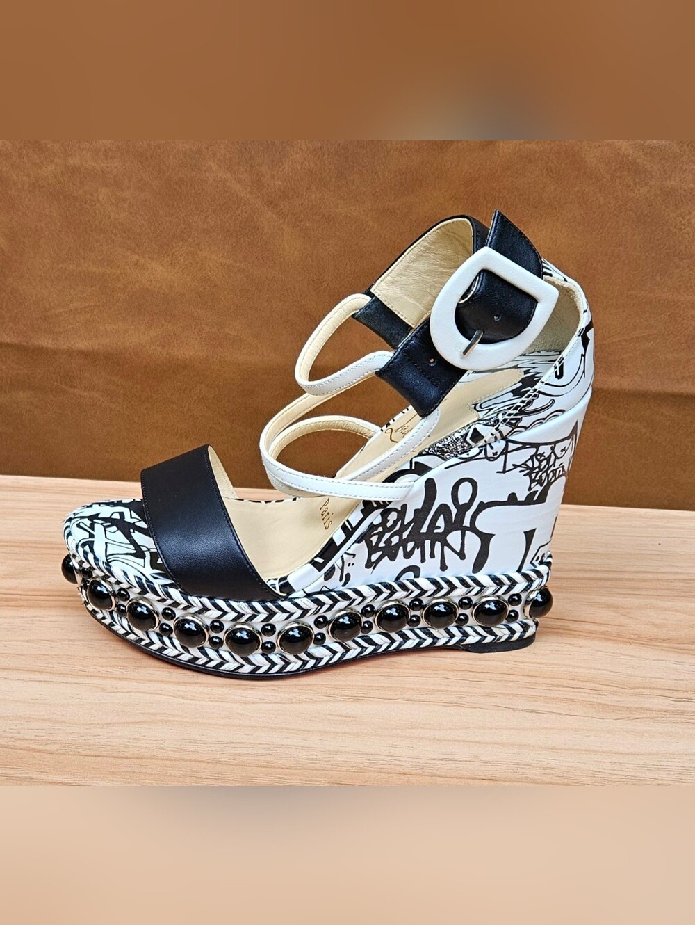 Christian Louboutin Black & White Graffiti Wedge Buckle Sandals Size 5 US - Picture 8 of 16